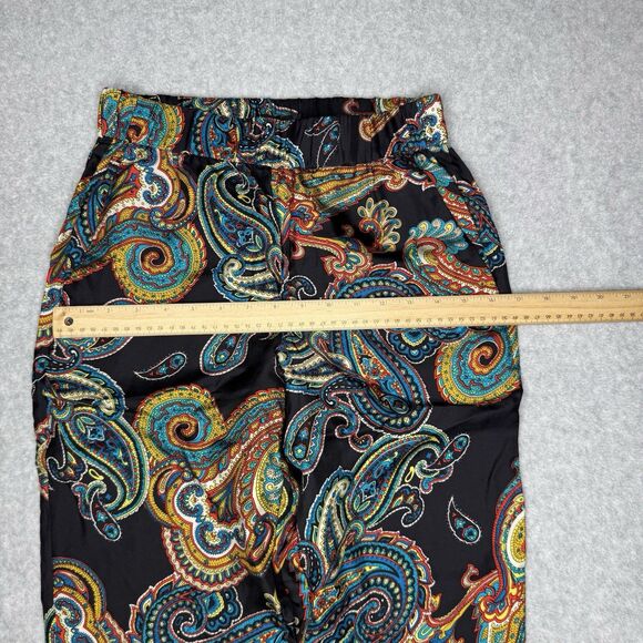 J Crew Pull On Silk Pants Womens 0 Black Paisley Ankle Casual Trousers - Picture 7 of 9